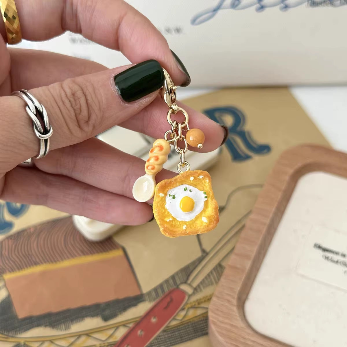 Creative Croissant and Coffee Design Keychain Cute Cake Bag Pendant Keyrings Kawaii Mini Resin Food Series Car Keys Accessorie