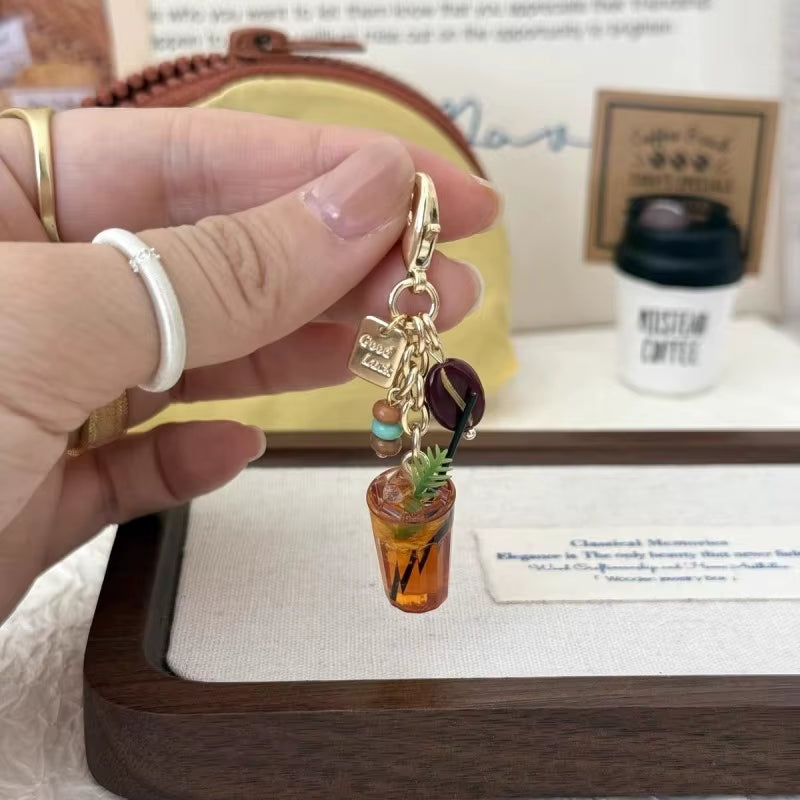 Creative Croissant and Coffee Design Keychain Cute Cake Bag Pendant Keyrings Kawaii Mini Resin Food Series Car Keys Accessorie