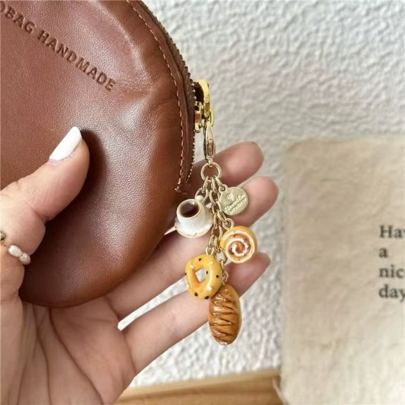 Creative Croissant and Coffee Design Keychain Cute Cake Bag Pendant Keyrings Kawaii Mini Resin Food Series Car Keys Accessorie