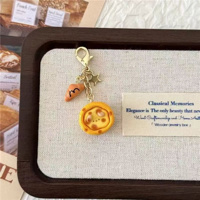 Creative Croissant and Coffee Design Keychain Cute Cake Bag Pendant Keyrings Kawaii Mini Resin Food Series Car Keys Accessorie