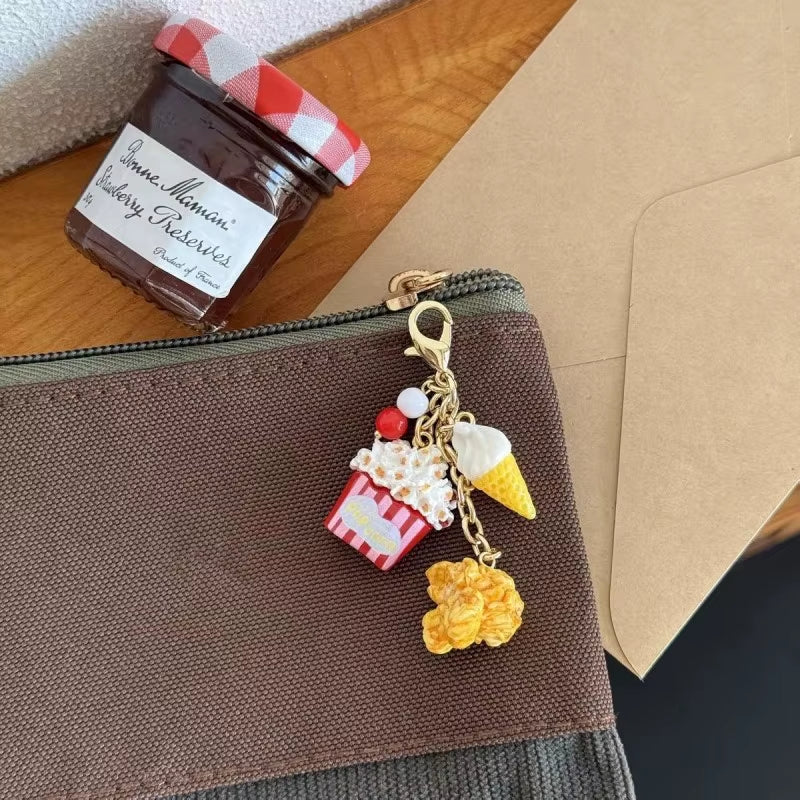 Creative Croissant and Coffee Design Keychain Cute Cake Bag Pendant Keyrings Kawaii Mini Resin Food Series Car Keys Accessorie