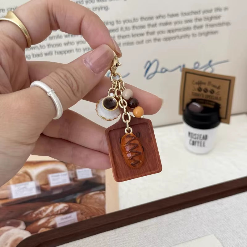 Creative Croissant and Coffee Design Keychain Cute Cake Bag Pendant Keyrings Kawaii Mini Resin Food Series Car Keys Accessorie