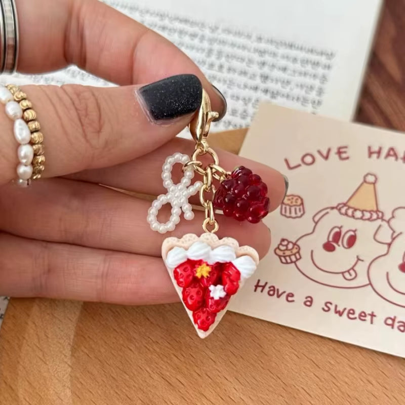 Creative Croissant and Coffee Design Keychain Cute Cake Bag Pendant Keyrings Kawaii Mini Resin Food Series Car Keys Accessorie