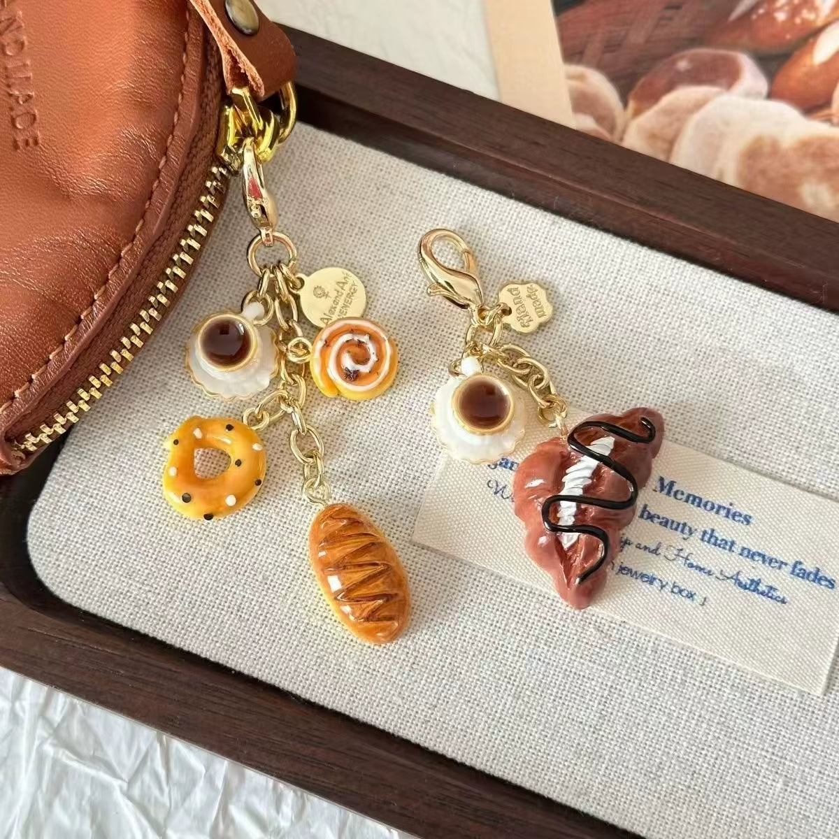 Creative Croissant and Coffee Design Keychain Cute Cake Bag Pendant Keyrings Kawaii Mini Resin Food Series Car Keys Accessorie